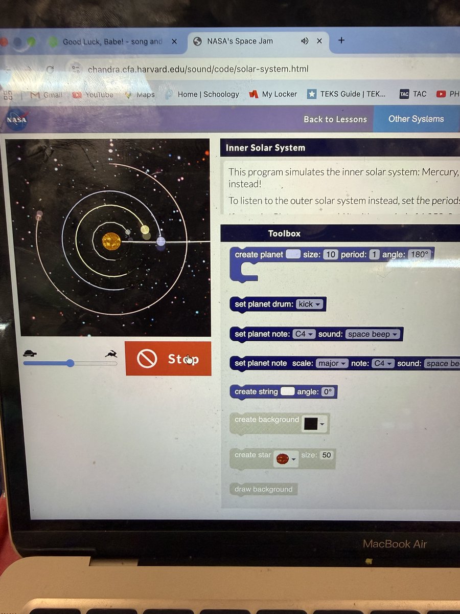 PHEmisd's tweet photo. Thank you NASA! This week in STEM class, we enjoyed coding solar systems and adding musical notes to our orbiting planets on your free coding platform. STEM is more fun when we partner with great organizations like NASA! https://t.co/OmkVDJGIq3