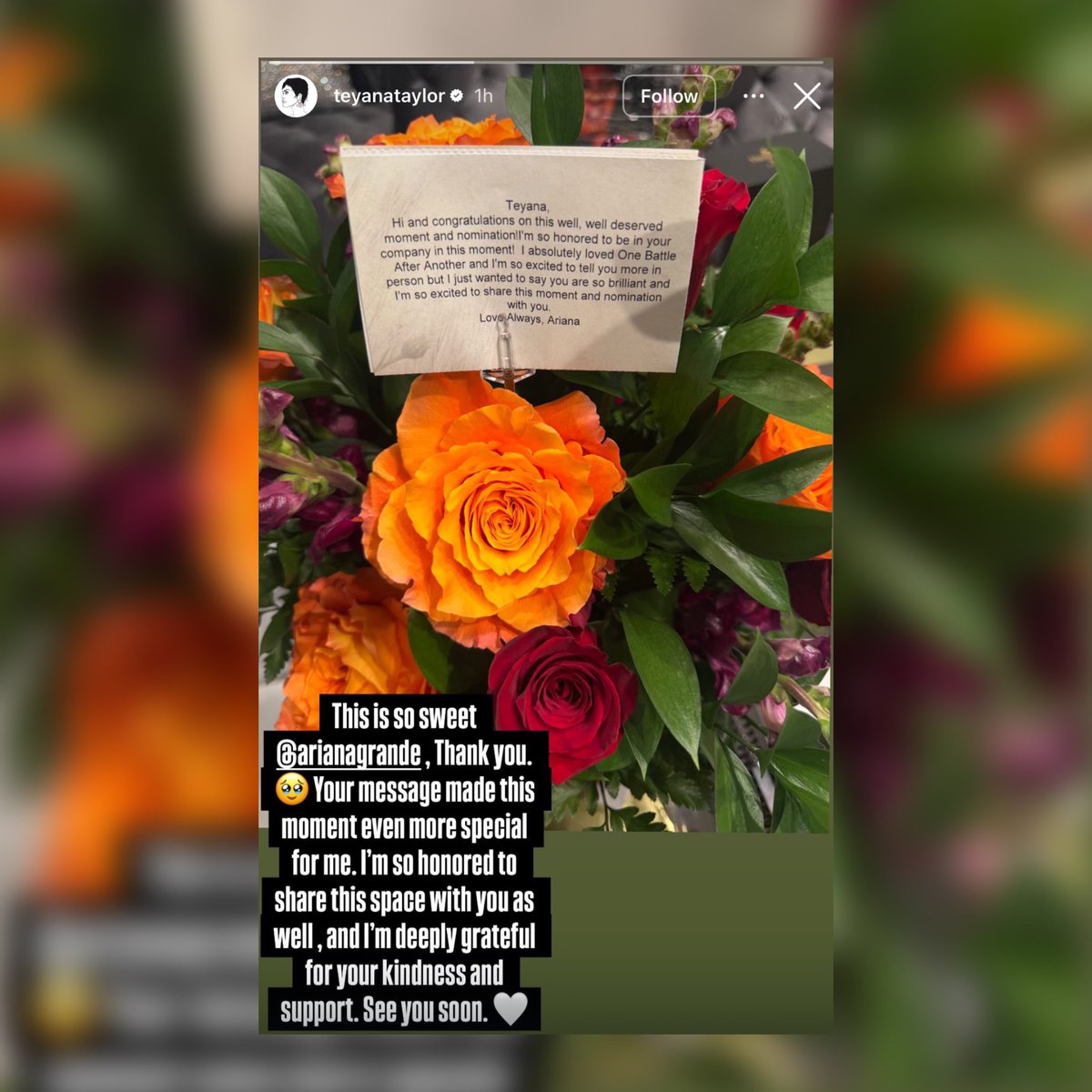 infoari's tweet image. Ariana Grande enviou flores para Teyana Taylor!

Ariana: Teyana. Oi, e parabéns por este momento tão merecido e pela indicação! Estou muito honrada em estar na sua companhia neste momento. Eu simplesmente amei “One Battle After Another” e estou muito animada para te contar mais…