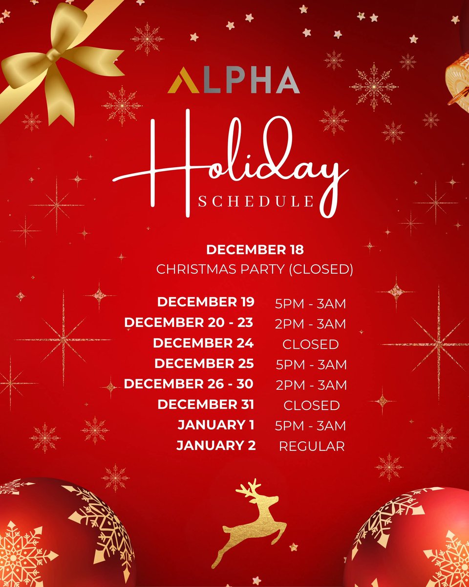 Please see our Holiday Schedule below ❤️

Isang taon nanaman ang ating pinagsamahan at sa pagtatapos ng 2025 TAOS PUSONG NAGPAPASALAMAT ANG BUONG PAMILYA NG #AlphaMassage sa inyong lahat 🥰

Maligayang pasko, at manigong bagong taon! Naway lalo pa tayong lumaki at pagpalain☝🏻☝🏻☝🏻