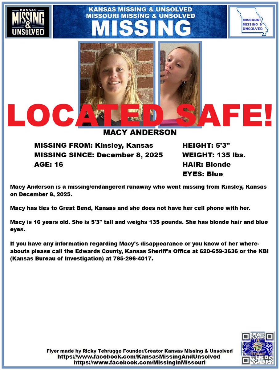 MACY HAS BEEN #LOCATED SAFE!!! THANK YOU TO ALL WHO SHARED HER FLYER!!!

#MISSINGPERSON #MISSING <a href="/AnnetteLawless/">Annette Lawless 🌻</a> #KansasMissing #MissingInKS #MissingInKansas #MissingKansan #Kinsley #Kansas