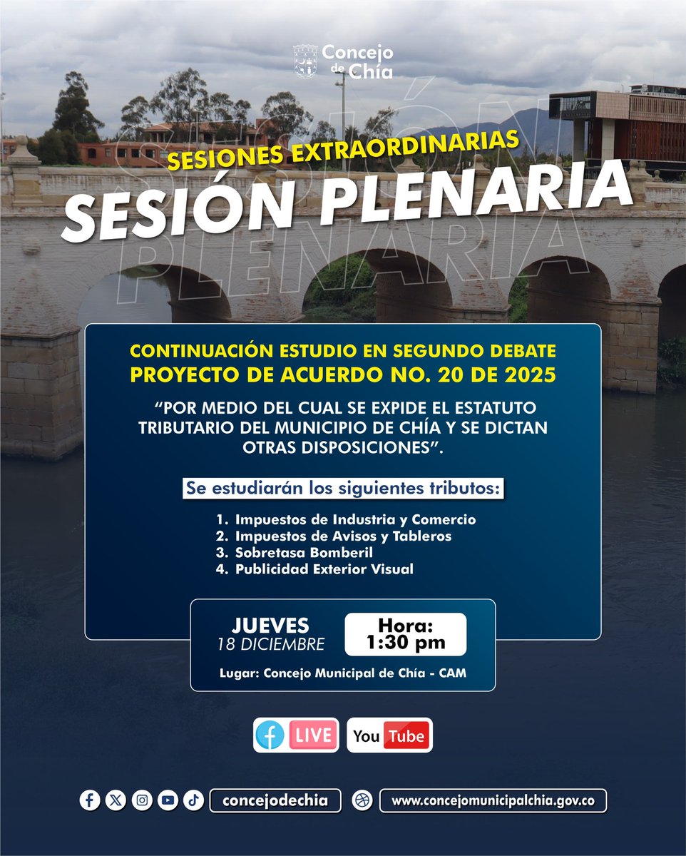 <a href="/concejochia/">@concejochia</a>
avanza en el estudio del Estatuto Tributario de Chía.
Te invitamos a la Sesión Plenaria Extraordinaria, donde se estudiarán importantes tributos municipales. Ponente: Concejal <a href="/Andresvelacd/">Andrés Vela</a>
🗓️ Jueves 18 de diciembre
🕜 1:30 p. m.
📍 CAM
🔴 En vivo Facebook y YouTube