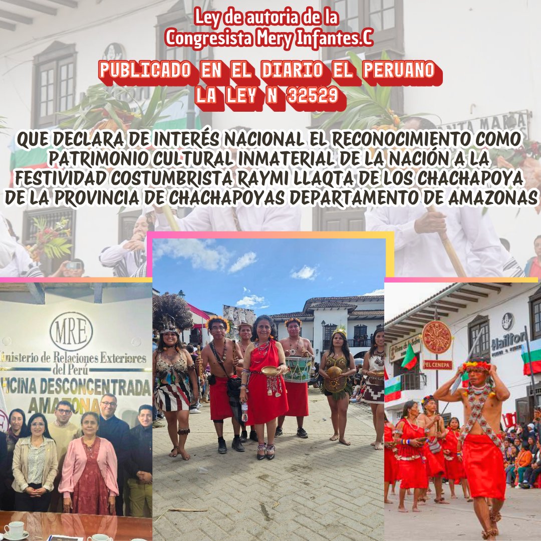 Con orgullo informo que hoy El Peruano publicó la Ley N.° 32529, de mi autoría, que declara de interés nacional el reconocimiento del Raymi Llaqta como Patrimonio Cultural Inmaterial de la Nación. Seguimos revalorando nuestra identidad cultural amazónica. ✨