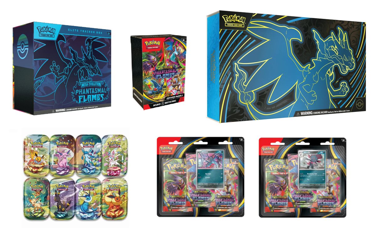 PokemonDealsTCG's tweet photo. Prismatic Evolutions Mini Tins, Mega Charizard X UPC and Phantasmal Flames restocking soon at Walmart 6PM PT / 9PM ET!⚡️

Prismatic Evolutions Mini Tins
https://t.co/gKqp47c47j
Mega Charizard X Ultra Premium Collection
https://t.co/rYlx1kxmLV
Phantasmal Flames ETB
https://t.co/p9a7RRWVGK
Phantasmal Flames Booster Bundle
https://t.co/tjTMsv6zJt
Phantasmal 3-Pack Blisters
https://t.co/hH6iNFgabu
Phantasmal 3-Pack Blister Case
https://t.co/4iEkEmWSG0

Queue is expected. Refresh links right on the hour to activate the queue! Walmart+ Membership is Not Required.

#Pokemon #PokemonTCG #AD