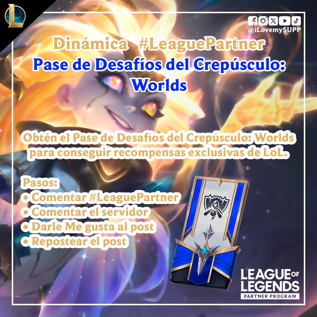 ilovemysupp's tweet image. Soy parte del Programa de Socios de LoL de Riot Games y ellos me dieron algunos códigos para ustedes.

Pase de Desafíos del Crepúsculo Worlds:
• Serán 3 códigos

Los resultados se subirán el 23 de diciembre de 2025.

¡Suerte a todos!

#LeagueOfLegends #LeaguePartner #LPP #PSL