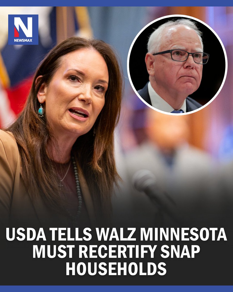 NEWSMAX's tweet photo. Agriculture Secretary Brooke Rollins has required Minnesota to carry out a sweeping recertification of Supplemental Nutrition Assistance Program (SNAP) households in four of its largest counties within 30 days amid heightened scrutiny of fraud in pandemic-era federally funded benefit programs.