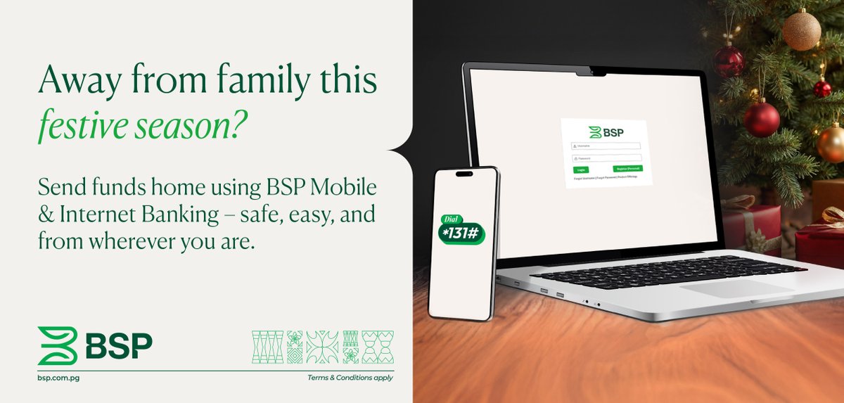 BSP PNG| Send love home this festive season. 
Transfer funds to your family and make their holiday brighter using BSP Mobile Banking and Internet Banking.