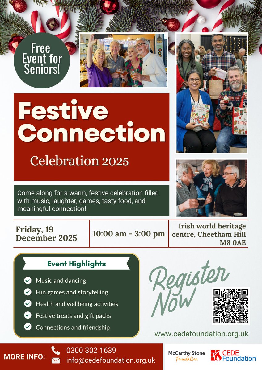 cedefoundation's tweet photo. Join Us for Senior’s Festive Connection 2025!
Celebrate the season with companionship, festive cheer and new friendships! We’re delighted to invite people aged 65 and over to our special festive event in Manchester.

📍 Irish World Heritage Centre
Cheetham Hill, Manchester M8 0AE https://t.co/mqsAT8Oezk