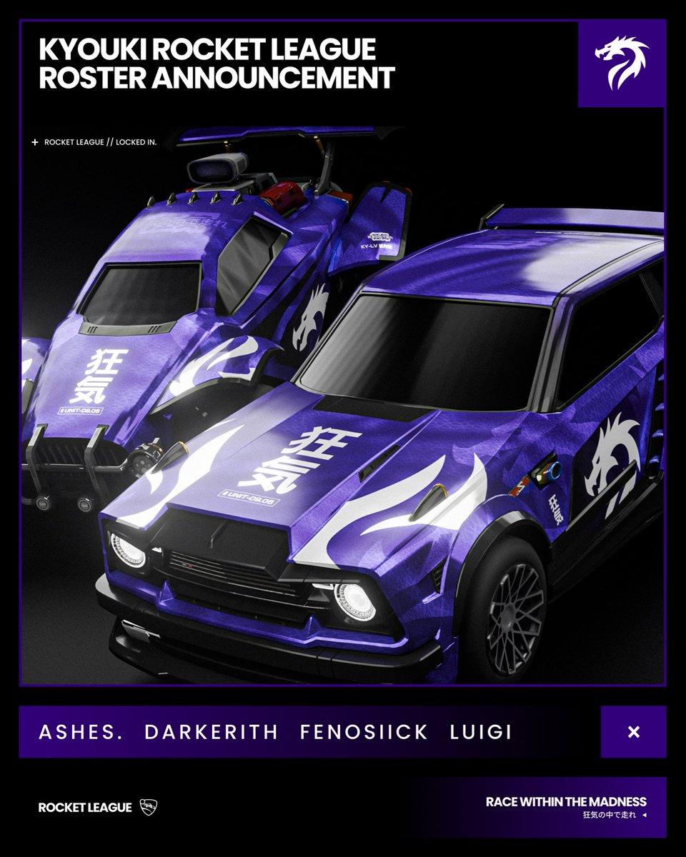 We are proud to announce that Kyouki expands to Rocket League!

The South American trio of Ashes, Darkerith, and Fenosiick will fight for the win in the upcoming South America Open Qualifiers. Luigi joins them as a substitute. Welcome! 

#狂気の中で走れ