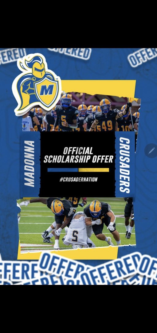 Blessed to receive an offer from <a href="/MUCrusadersFB/">Madonna Football</a>!

Thank you <a href="/coachdjones01/">Denzel Jones</a> and <a href="/Coach_Straz/">Coach Straz</a> for the great visit and conversation!

<a href="/coachbieds/">Andrew Biedenbender</a> <a href="/GHBucsFootball/">Grand Haven Bucs Football</a>