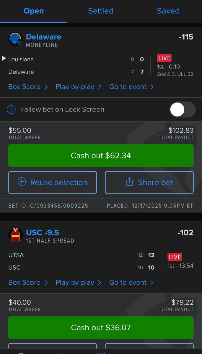 CalebLcks's tweet photo. Last wagers of day 3🎄

Possible $400 profit day 💰🤩

Delaware ML - CFB
USC -9.5 first half | CBB https://t.co/xdVjN388aP