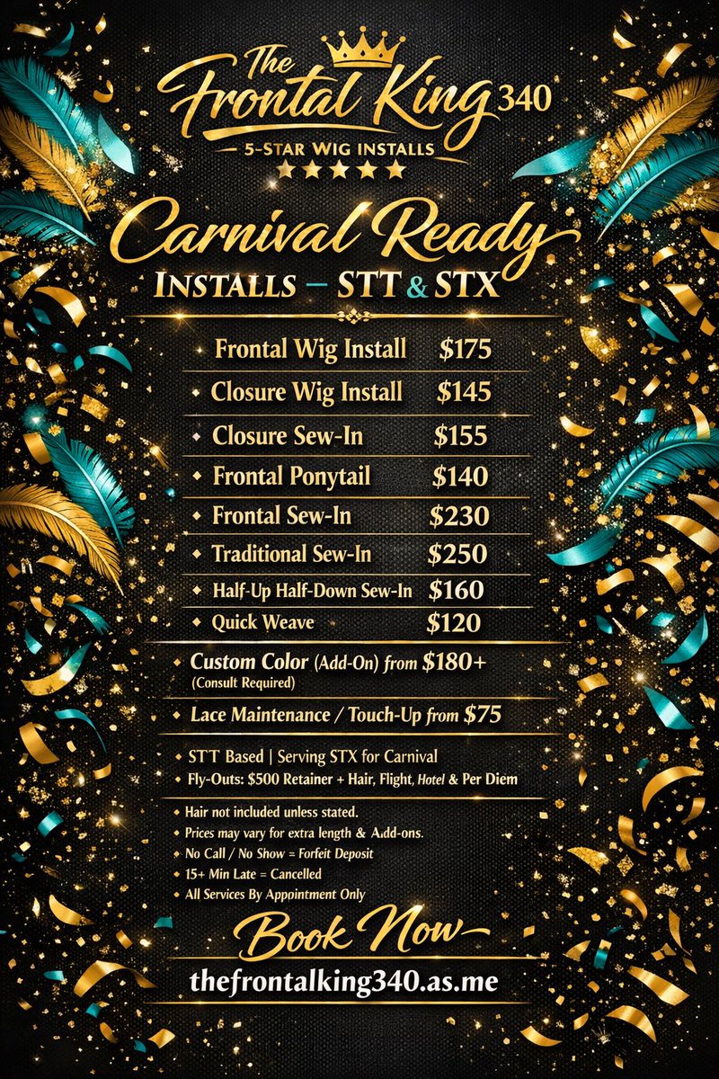 TheFrontalKing's tweet image. STT ➜ STX 🇻🇮👑
The Frontal King 340 is officially in carnival mode. Clean bases, melted hairlines, photo-ready finishes 📸✨

Limited slots — book now: thefrontalking340.as.me

#TFK340 #LaceWigs #WigInstall #USVI #STT #STX #CarnivalReady