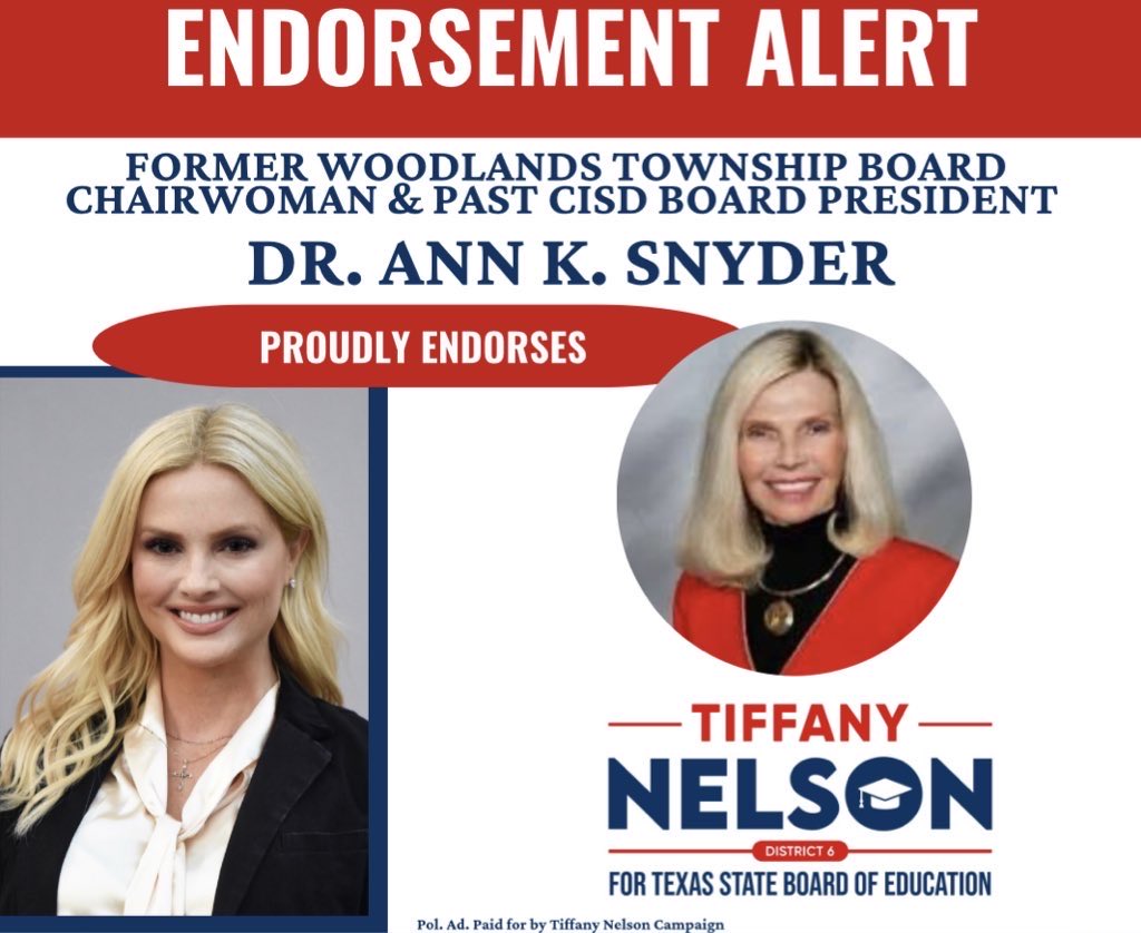 🚨ENDORSEMENT ALERT:DR. ANN K. SNYDER🚨
Former Chair of The Woodlands Township Board of Directors, past Conroe ISD Board President and a respected community leader. Her support reflects a commitment to strong schools, and putting students first to strengthen education in Texas!