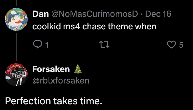 Forsaken_News's tweet photo. 🚨News🚨

Milestone III &amp; IV C00lkidd's Chase Theme is still being worked on!

#Forsaken #forsakenroblox https://t.co/8sOLuv7RXr