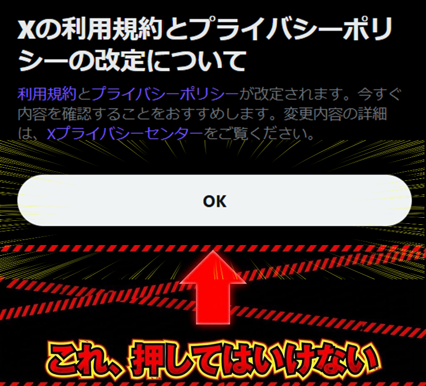 【注意】このOKを押さないでください

過去2回的中させた実績から断言しますが、1/15前後に凍結祭りが発生する可能性があり、すでにシャドウバンやアカウントロック、検索除外の強化が始まっています！

まず絶対に気をつけていただきたいのが3つあって