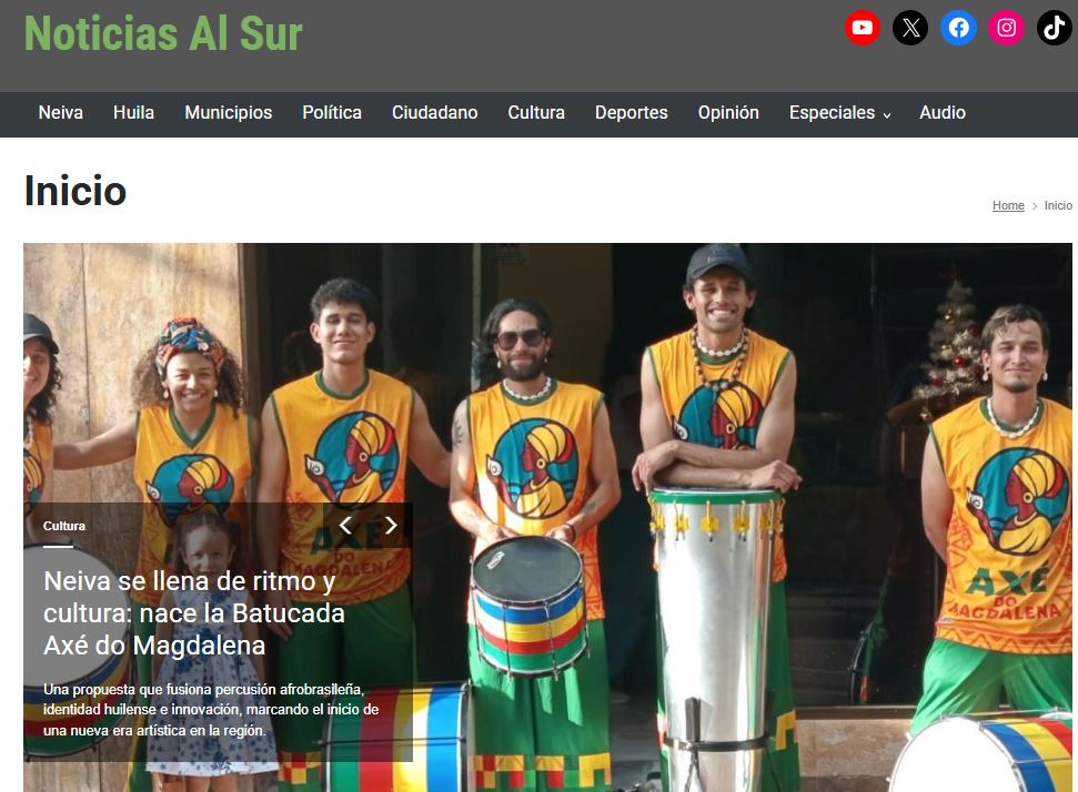 #Ahora Neiva se llena de ritmo y cultura: nace la Batucada Axé do Magdalena ... noticiasalsur.co/neiva-se-llena… #Neiva #Huila #Batucada #AfroCultureFest #AfroMusic #CopaDelRey #CopaIntercontinental #FINALCOPAxWIN <a href="/HeberGonzalez01/">H Antonio Z.G.</a> #Magdalena #PalabrasNegras #JuniorCampeón <a href="/labatucadagt/">LaBatucadaDelPueblo</a>