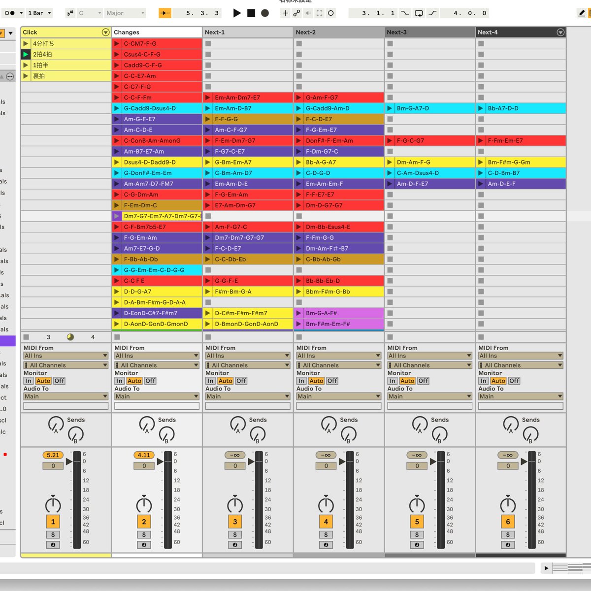 akim_is's tweet image. 普段の練習用のLive Setをブラッシュアップしてみた。
クリック練習用セットに『よくあるコード進行本』から打ち込んだコード進行を追加。
こういう作業、けっこう楽しい。
#Ableton #DAW #Bass練習