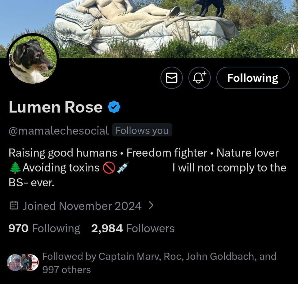 Are you following my wife <a href="/mamalechesocial/">Lumen Rose</a> yet?

Please do if you haven't yet already. 

She is 16 followers away from her next milestone of 3000! 

Thank you 🙏🏻