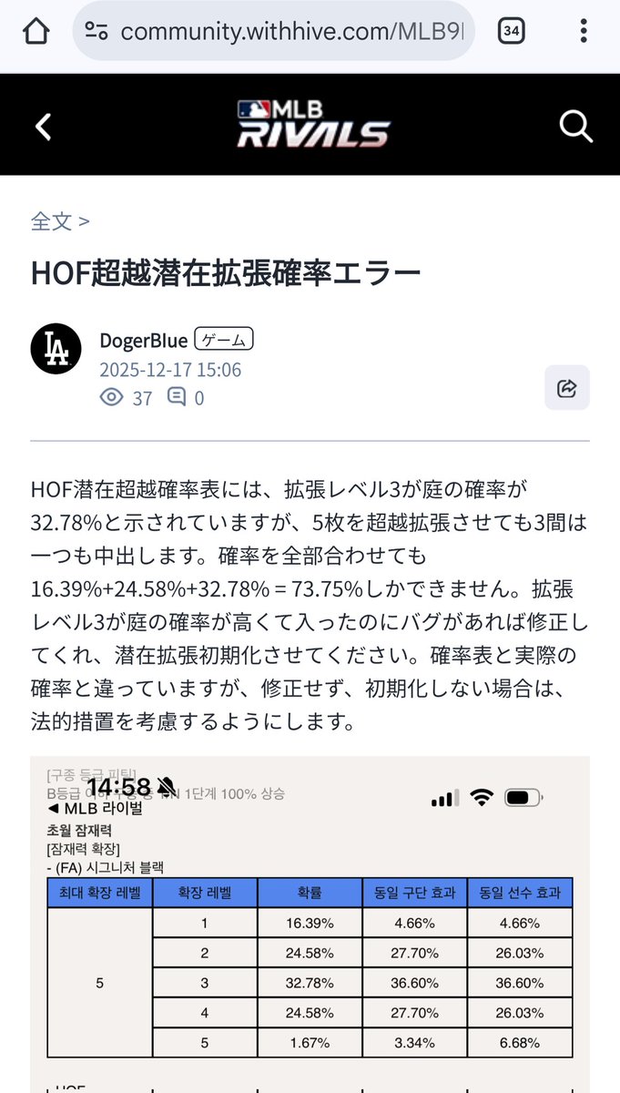 A1170586690's tweet photo. 韓国人も怒ってる。
普通に考えて
「確率表の記載を間違えていたので、修正しました。」
だけは流石にやばいでしょ。
記載修正するだけで済むなら確率表の意味ないし、何のための法律だよ。

消費者庁や配信ストアに苦情入れられたらマズい案件だと思うけどね😒
 #MLBライバルズ https://t.co/0VYkiHloBV