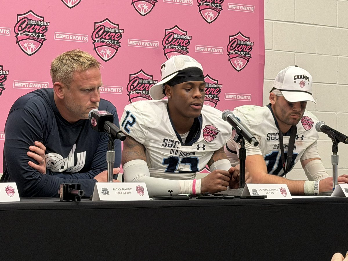 osmattmurschel's tweet image. Old Dominion coach Ricky Rahne, linebacker Jerome Carter and quarterback Quinn Henicle discuss the Monarchs’ win in the  @CureBowl.