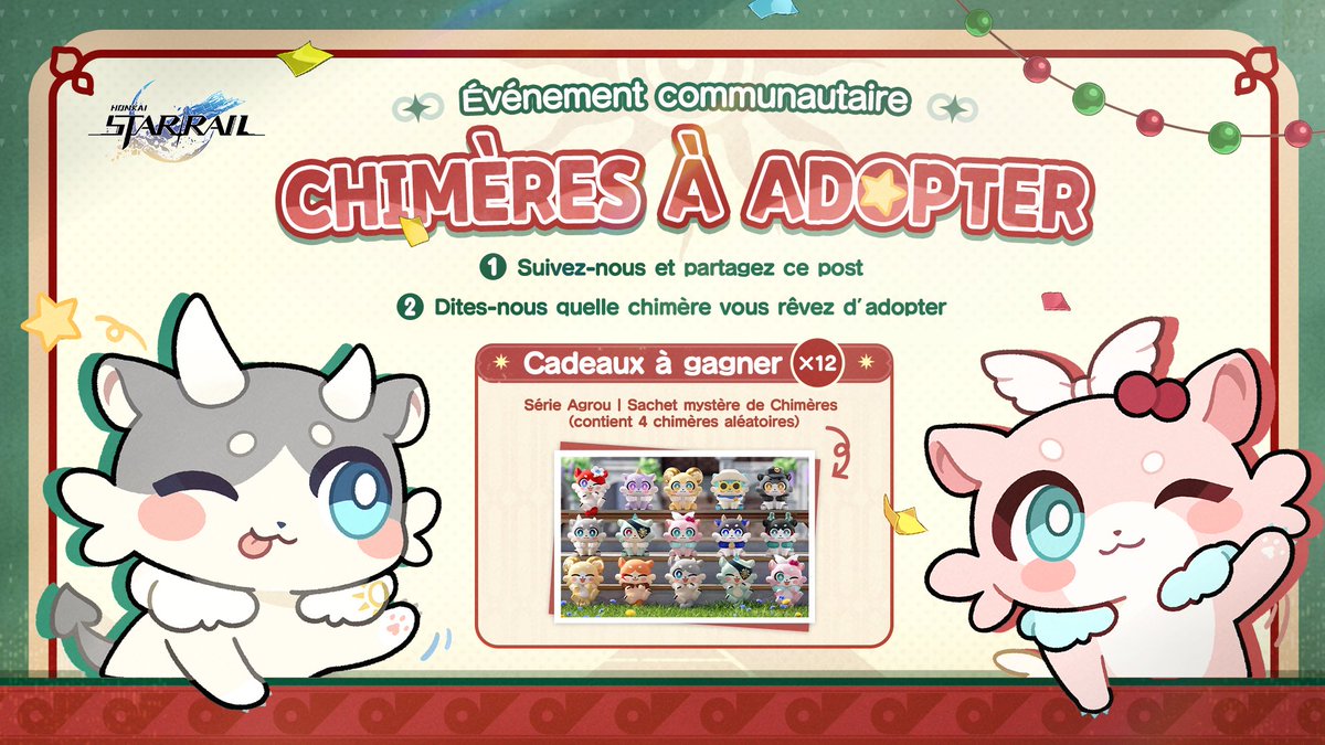 🎁 | Agrouuu ! Et si vous adoptiez une Chimère pour finir l’année en beauté ?

• Suivez-nous et repostez avant le 23/12. 
• 12 gagnants seront sélectionnés le 24/12 et recevront un sachet mystère de Chimères !

#honkaistarrail