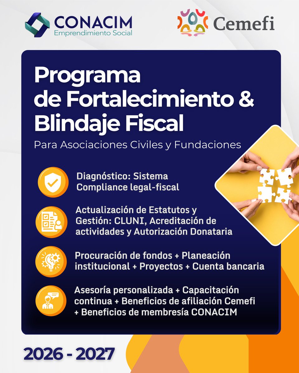 #Convocatoria Intégrate al Programa de Fortalecimiento y Blindaje Fiscal para OSC, diseñado para consolidar organizaciones en materia legal, fiscal y cumplimiento institucional.

Nuestro programa te acompaña en:

✅ Diagnóstico 
✅ Capacitación 
✅ Sistema integral Compliance 
✅