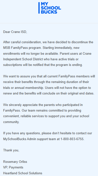 CraneElementary's tweet photo. For families that have chosen to use the MySchoolBucks FamilyPass program, Heartland solutions has determined that they will discontinue that program.  This will only affect families that chose to sign up for the FamilyPass program. https://t.co/E62U0BtIRd