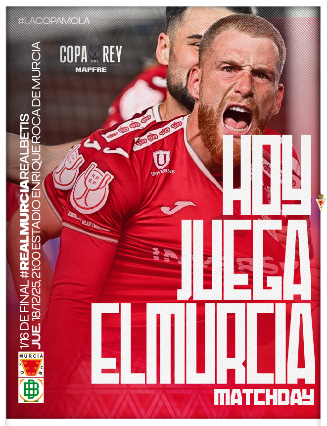realmurciacfsad's tweet photo. 🔴⚪️ 𝑯𝑶𝒀 𝑱𝑼𝑬𝑮𝑨 𝑬𝑳 𝑴𝑼𝑹𝑪𝑰𝑨 
🏆 𝑯𝒐𝒚 𝒏𝒐𝒄𝒉𝒆 𝒅𝒆 𝑪𝒐𝒑𝒂 

🆚 @RealBetis 
🕘 21:00 h
🏟️ Estadio Enrique Roca de Murcia
🎟️ https://t.co/Y2S7nUL7aG

#RealMurciaRealBetis #CopaDelRey #LaCopaMola https://t.co/9QbQvtTmNN
