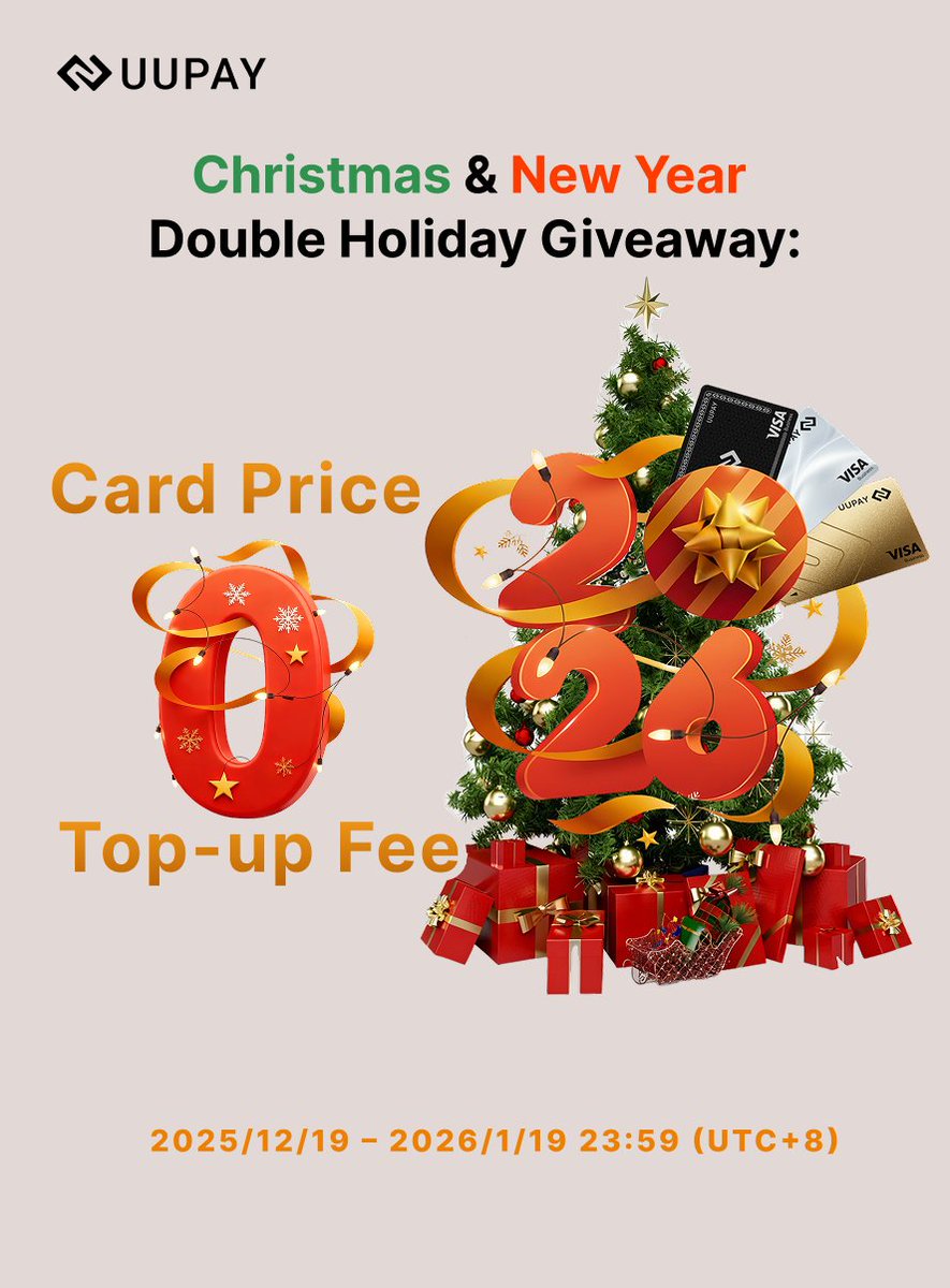 🎉 Behold - our #UUPAY 's first Christmas &amp; New Year Giveaway! 🎄✨

🎫 New Users｜100% FREE card activation
💸 All Users｜0% top-up fees
👉 Activate now:
uupay.cc/register?invit…

🎁 #Giveaway
1️⃣ Like &amp; Retweet this post
2️⃣ Follow <a href="/uupaycard/">UUPAY</a> <a href="/UUPAY_Official/">UUPAY official</a> 
3️⃣Comment with your