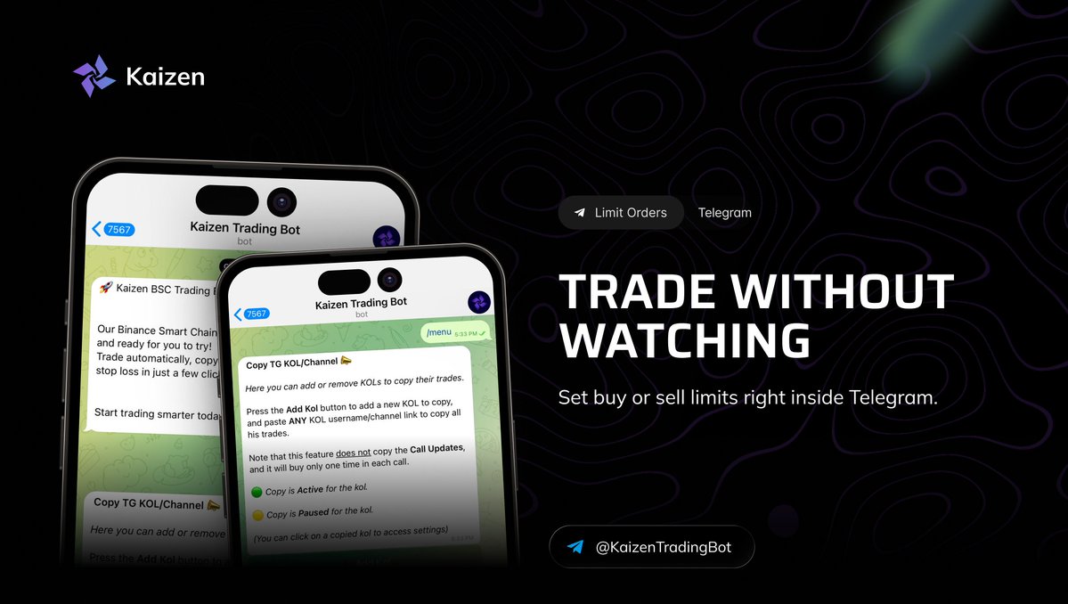 KaizenLabs__'s tweet photo. You don’t need to babysit charts.

Set buy or sell limits directly in Kaizen Bot and let automation handle the rest.
When your price hits, it executes instantly, no delays, no missed moves.
 
Simple, safe, and on-chain.
 
#KaizenBot #LimitOrders #SmartTrading https://t.co/GOdmt5JCAk