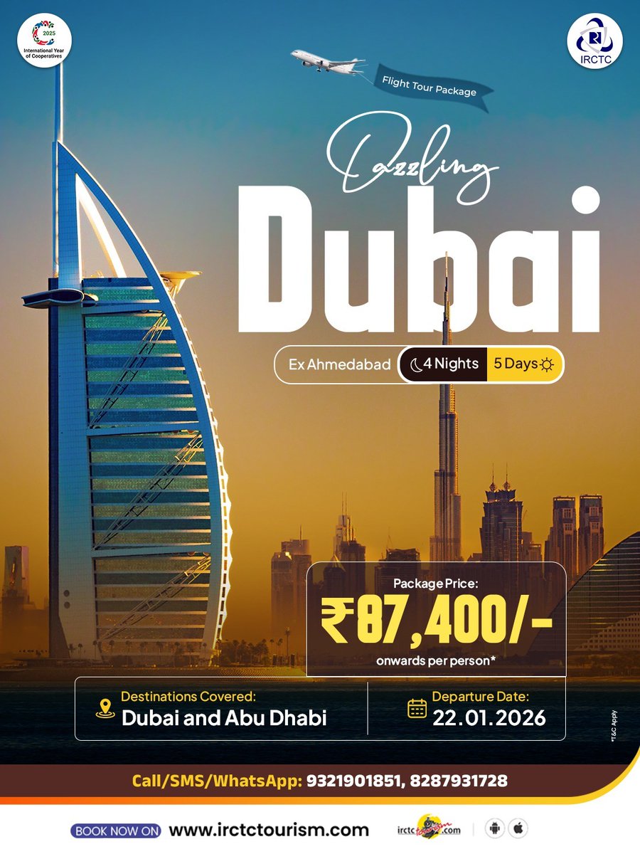 IRCTCofficial's tweet photo. IRCTC present a Dazzling Dubai tour from Ahmedabad. Visit Dubai and Abu Dhabi on 4 Nights/ 5 Days journey at just ₹87,400/- onwards pp*. Book now!
https://t.co/ie9dffzDkq
(packageCode=WAO030)
#IRCTCTourism #TravelWithIRCTC #TravelDubai #ExploreAbuDhabi https://t.co/3WcjPDnnwd