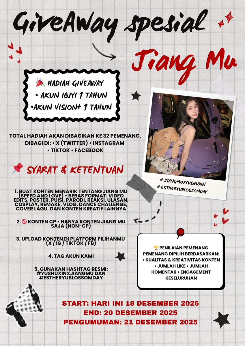 YUSHUXINID's tweet image. 🎁✨ GIVEAWAY SPESIAL #YuShuxinxJiangMu &amp;amp; BIRTHDAY #EstherYu ✨🎁

Untuk merayakan ulang tahun #YuShuxin sekaligus mendukung promosi drama #SpeedAndLove melalui karakter Jiang Mu, fans China x fanbase Indonesia dengan penuh cinta membagikan giveaway spesial 💖
#EstherYuBlossomDay