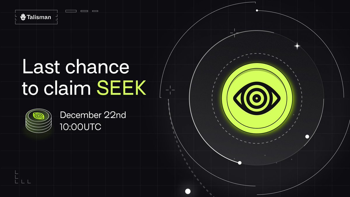 wearetalisman's tweet image. There's still time to claim your $SEEK Airdrop.

Quest and WL claims close on Monday, Dec 22nd 10:00UTC.
