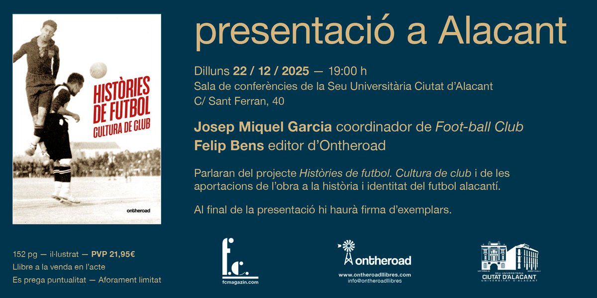 El proper dilluns 22, a les 19 h, presentem a Alacant "Històries de futbol. Cultura de club", un llibre col·lectiu iniciativa de <a href="/FCmagazin/">Foot-ball Club</a> i <a href="/ontheroadllibre/">ontheroad</a>.
En l'acte projectarem imatges històriques del futbol alacantí, algunes mai vistes.
Vos esperem!!