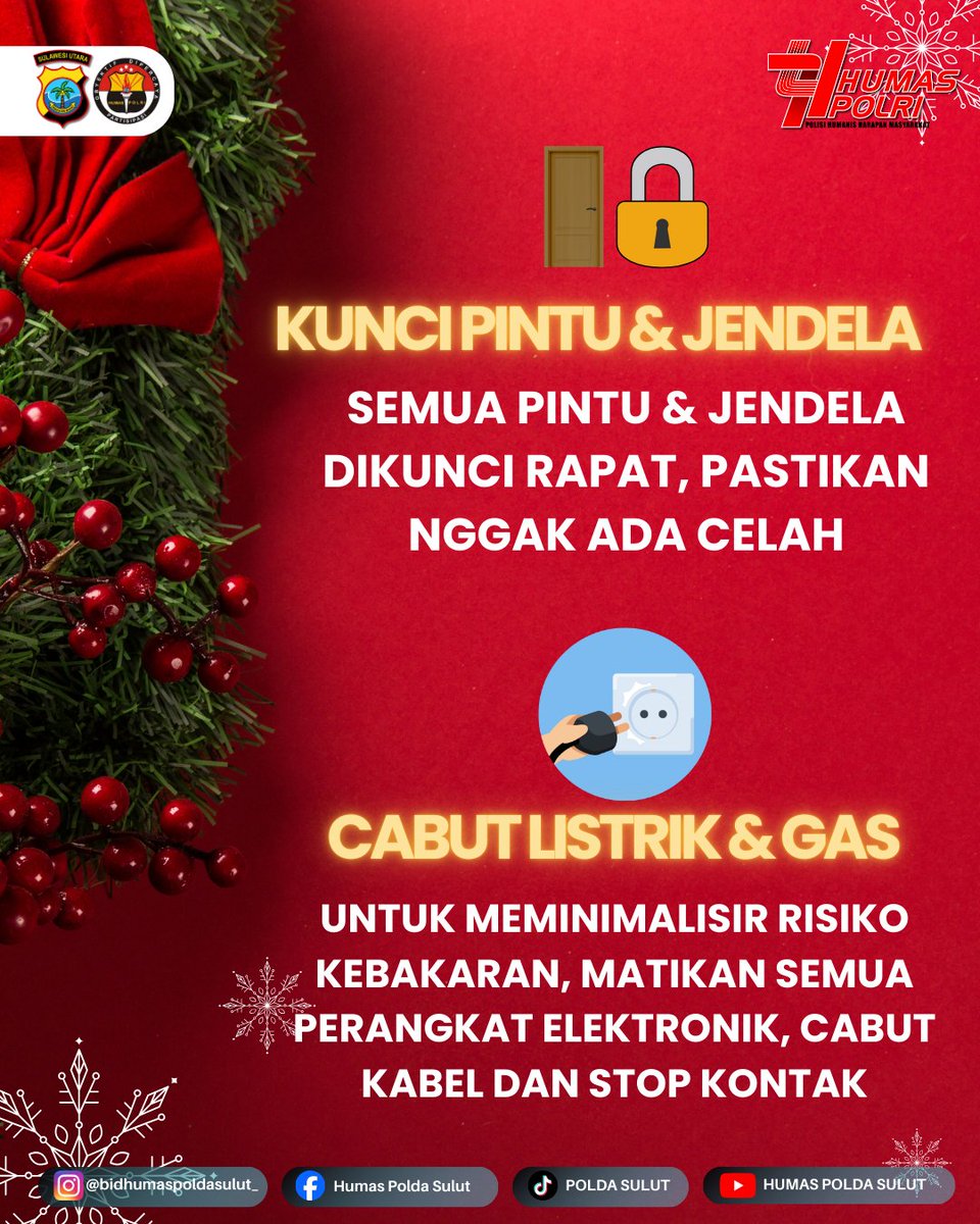 poldasulut_'s tweet image. Mudik dengan tenang dimulai dari rumah yang aman. Sebelum berangkat, pastikan pintu dan jendela terkunci rapat, listrik dan gas dimatikan, serta rumah dalam kondisi bersih dan aman. 
#MudikAman #TipsMudik #TinggalkanRumahAman #OpsKetupat #PolriHadir #HumasPolri