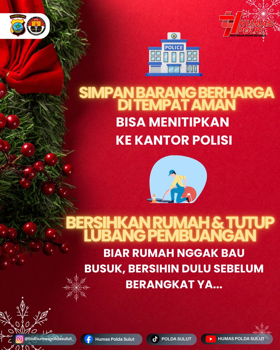 poldasulut_'s tweet image. Mudik dengan tenang dimulai dari rumah yang aman. Sebelum berangkat, pastikan pintu dan jendela terkunci rapat, listrik dan gas dimatikan, serta rumah dalam kondisi bersih dan aman. 
#MudikAman #TipsMudik #TinggalkanRumahAman #OpsKetupat #PolriHadir #HumasPolri