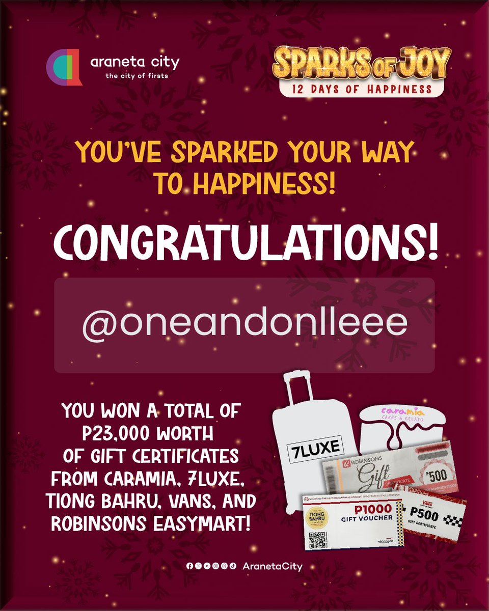 AranetaCity's tweet photo. Enjoy a full day of shopping and dining in Araneta City with your 23,000 worth of gift certificates from Caramia, 7Luxe, Tiong Bahru, Robinsons Easymart, and Vans, @oneandonlleee! 🤩🥳
#SparksOfJoy #ChristmasGlowsInTheCity #CityOfFirsts #AranetaCity https://t.co/o5Mwa6toqQ