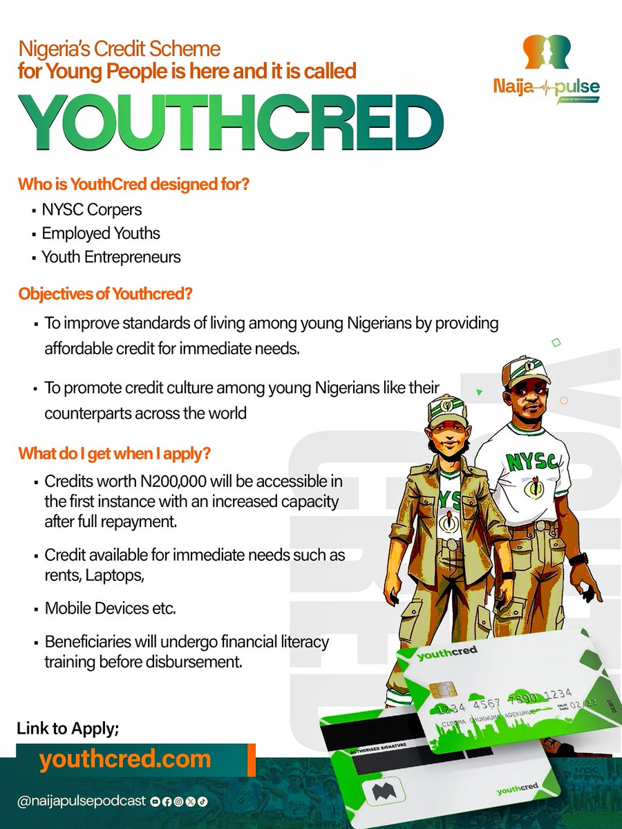 Nigeria is making efforts to bridge the access to finance gap for the youths through an initiative called YouthCred via <a href="/CrediCorpNG/">Nigerian Consumer Credit Corporation</a> and we are quite certain you don’t want to miss out.

Apply: youthcred.com

#YAD #YouthIniNgr #YouthCred