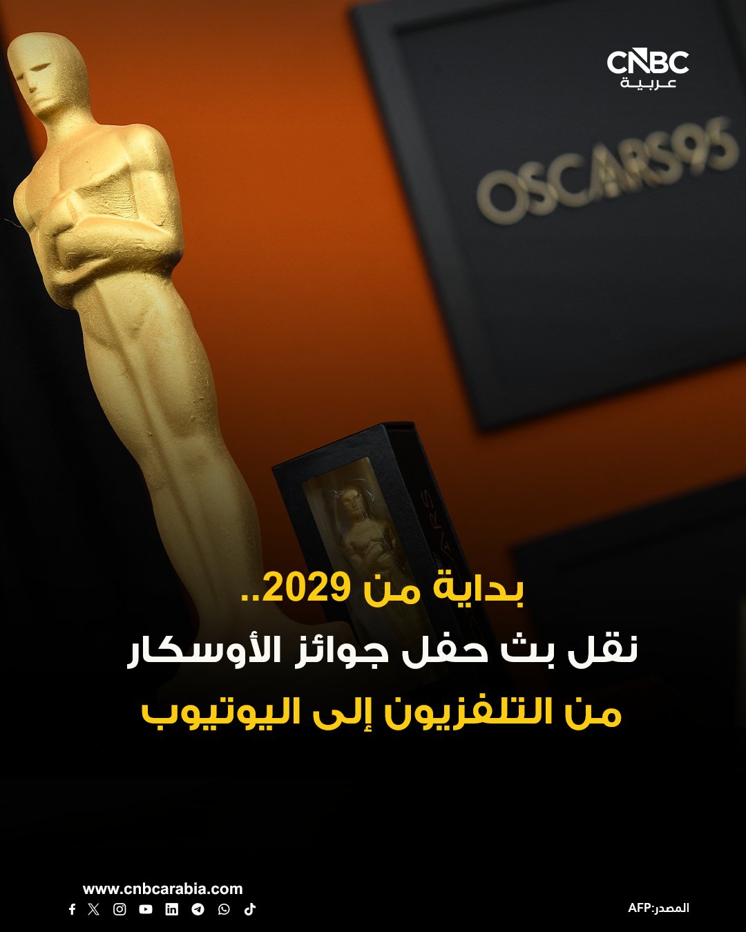 حفل توزيع جوائز الأوسكار سيُبث على يوتيوب بدلاً من ABC اعتباراً من 2029. بعد أكثر من نصف قرن على بث الحفل على شبكة ABC، ستنتقل الحقوق إلى يوتيوب حتى 2033، حيث سُيعرض مجاناً. الرئيس التنفيذي لأكاديمية فنون وعلوم الصور المتحركة يقول إن الخطوة ستساعد جوائز الأوسكار على الوصول إلى جمهور دولي أوسع 