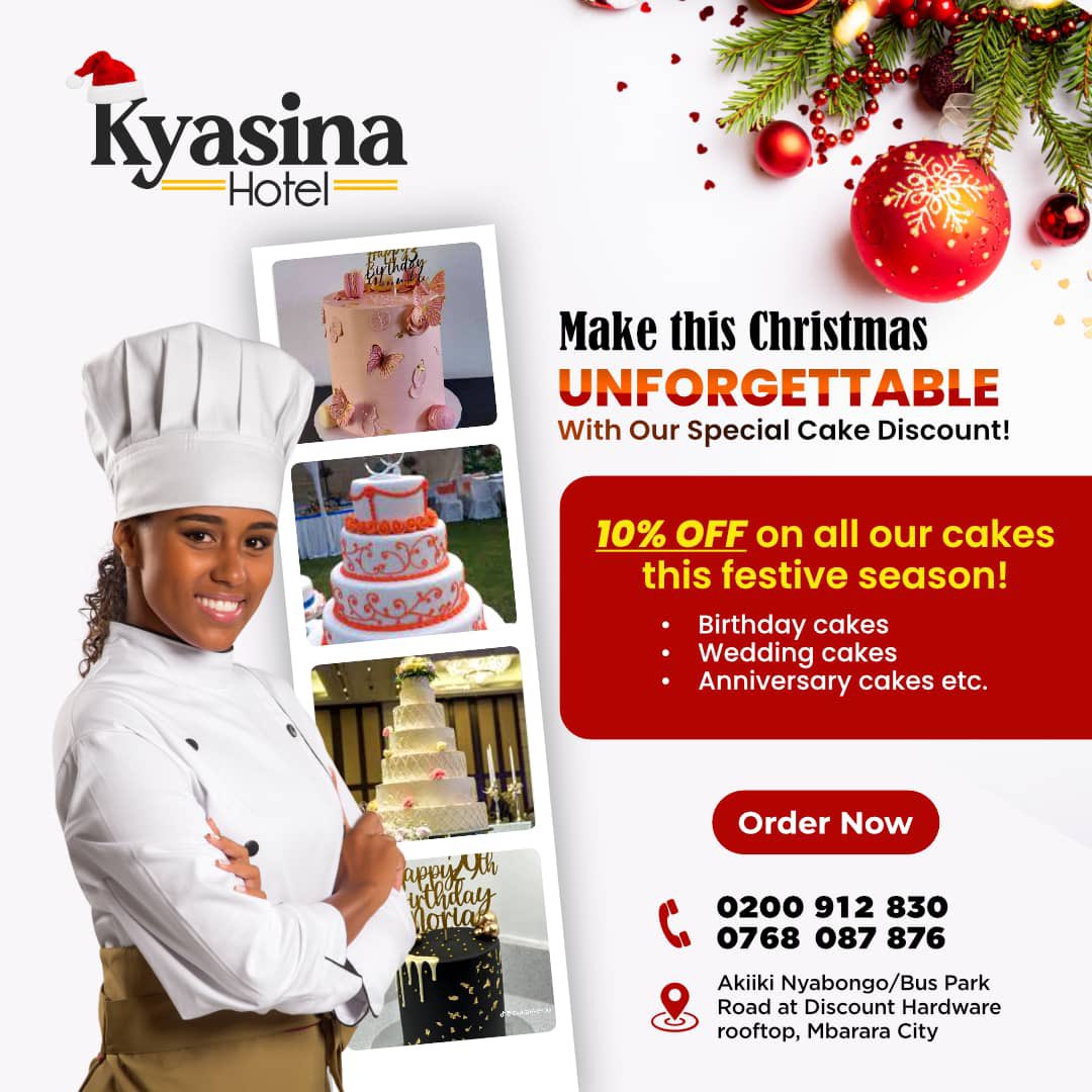 🎄 Make this Christmas unforgettable! 🎂 <a href="/Kyasinahotel/">kyasina Hotel</a> 's got a sweet deal for you! 10% off special cakes! 🍰🎁 Call +256200912830 to order now and make it a holiday to remember!