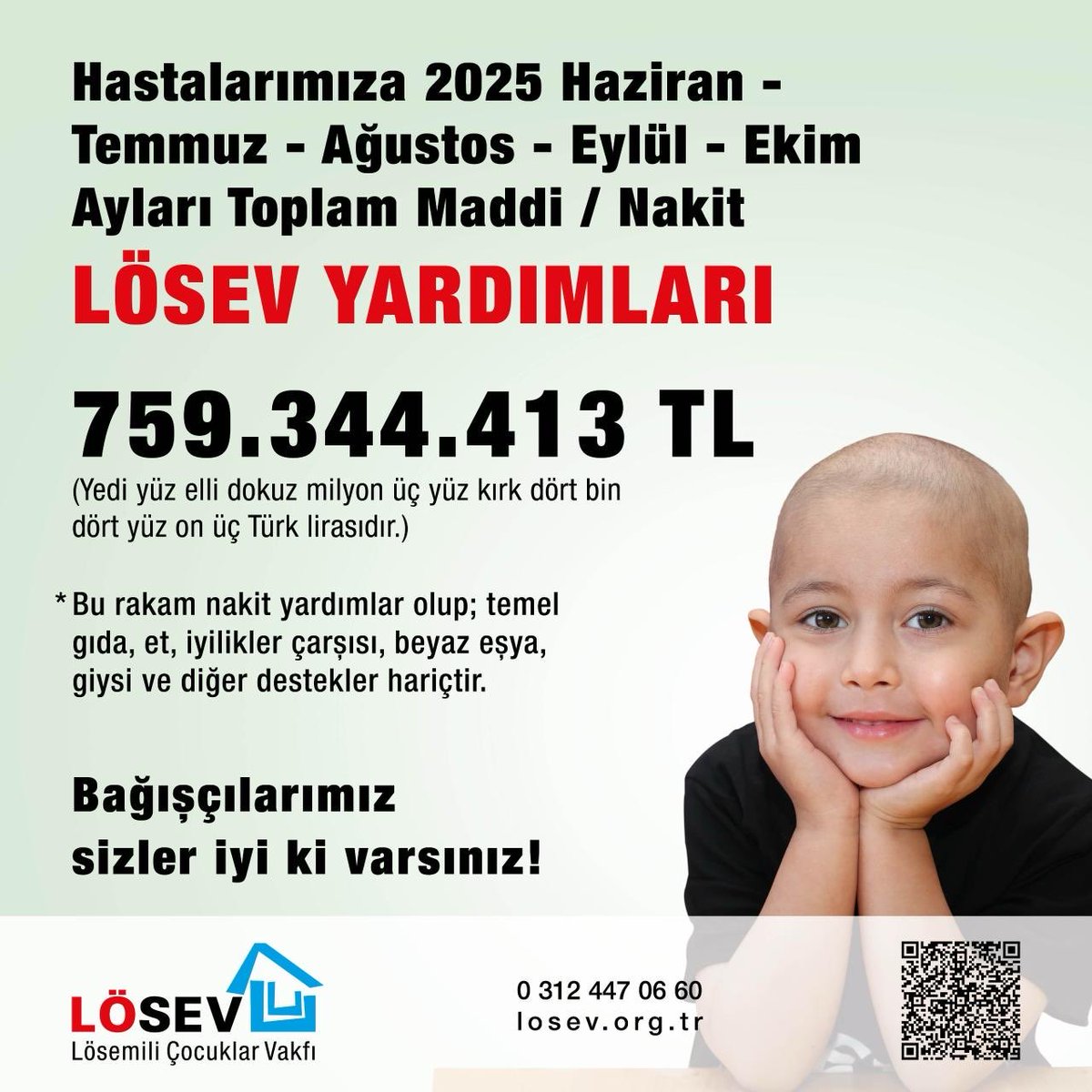 LÖSEV ADETA SOSYAL DEVLET 
* İnsanca, çağdaş yaşam ve sağlık için maddi yardım ediyor,
* % 94 başarı tedaviler ile mucize yaratıyor, %100’leri zorluyor.
** Bu tutardan ayrıca on binlerce aileye gıda - giysi - oyuncak kolisi
Yolluyor ve
MUTLU-ET yardımı ile ÜLKEMİZİN GURURUDUR‼️