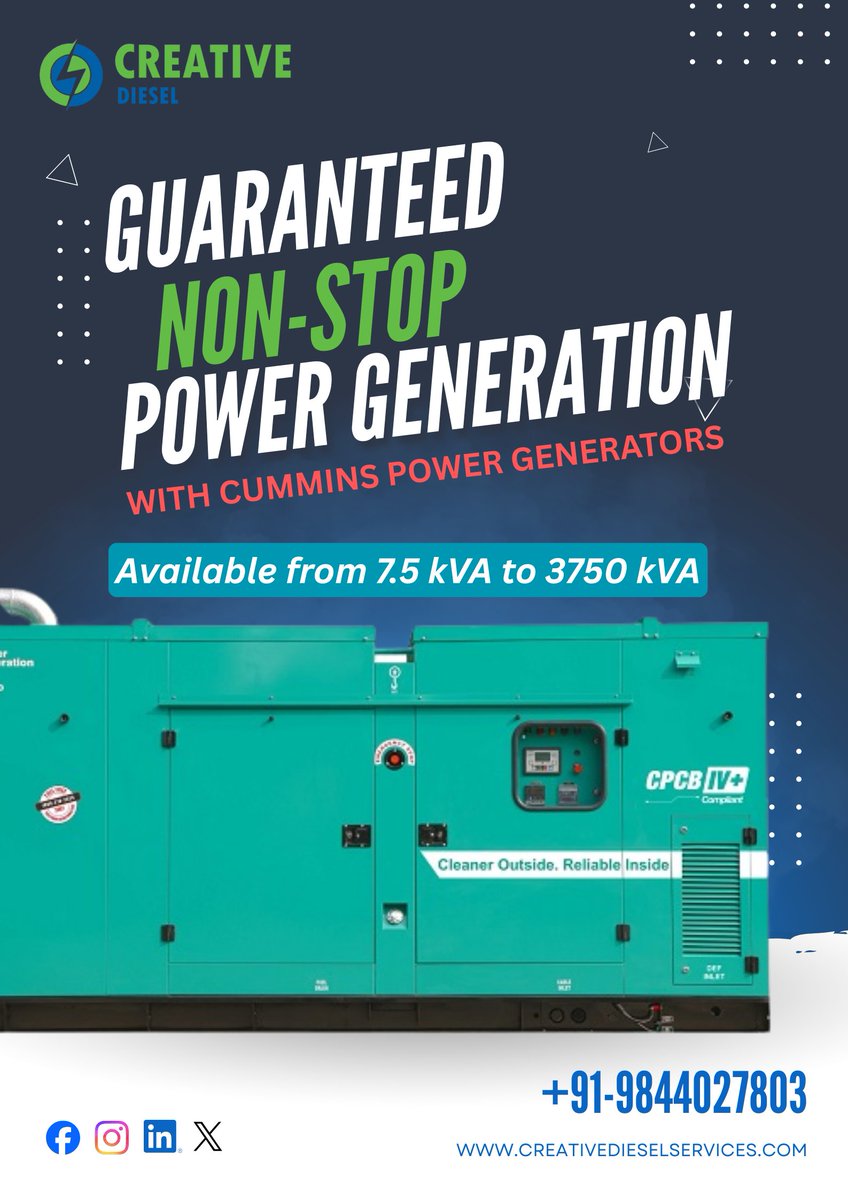 creativediesels's tweet photo. Zero Downtime. Maximum Efficiency.
Power outages shouldn’t dictate your business schedule. Ensure your operations run smoothly with our range of Cummins Power Generators.

🌐 Visit: https://t.co/ba3rI8Q8fQ

#Cummins #PowerGenerator #DieselGenerator #BackupPower #Power #Energy https://t.co/orV3S3IlDQ