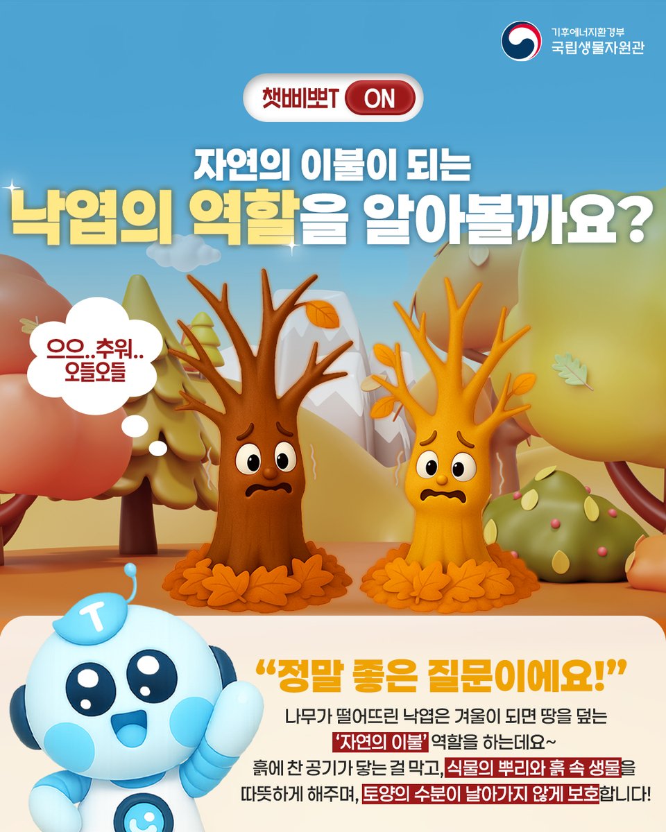 nibr_bio's tweet photo. ⭐️생물 전문 호기심 해결사⭐️
챗삐뽀T의 올해 마지막 답변!
.
“🍂낙엽은 쓰레기일까?”
.
추운 날씨가 되면
🧹길거리 낙엽을 치우는 모습,
자주 보셨을 텐데요!
.
그런데 수북이 쌓인 낙엽,
사실은 쓰레기가 아니다?!
.
🌱생태계 순환을 위한
어떤 소중한 역할을 한다는 사실!
👉🏻카드뉴스를 통해 확인해보세요~!
.
궁금한 생물을 재밌고 쉽게 알려준 챗삐뽀T!
여러분의 궁금증이 쏟아지는 날,
다시 돌아오겠습니다!💚
.
.
#국립생물자원관 #nibr #챗삐뽀T #챗GPT #ai #질문 #사용제한 #낙엽 #쓰레기 #자연이불 #생물 #생물퀴즈 #궁금증해결 #무료지피티 #ai추천 #낙엽의비밀 #겨울자연 #생물상식 #GPT활용 #지피티공부 #무료ai #호기심해결 #교육콘텐츠 #생물콘텐츠