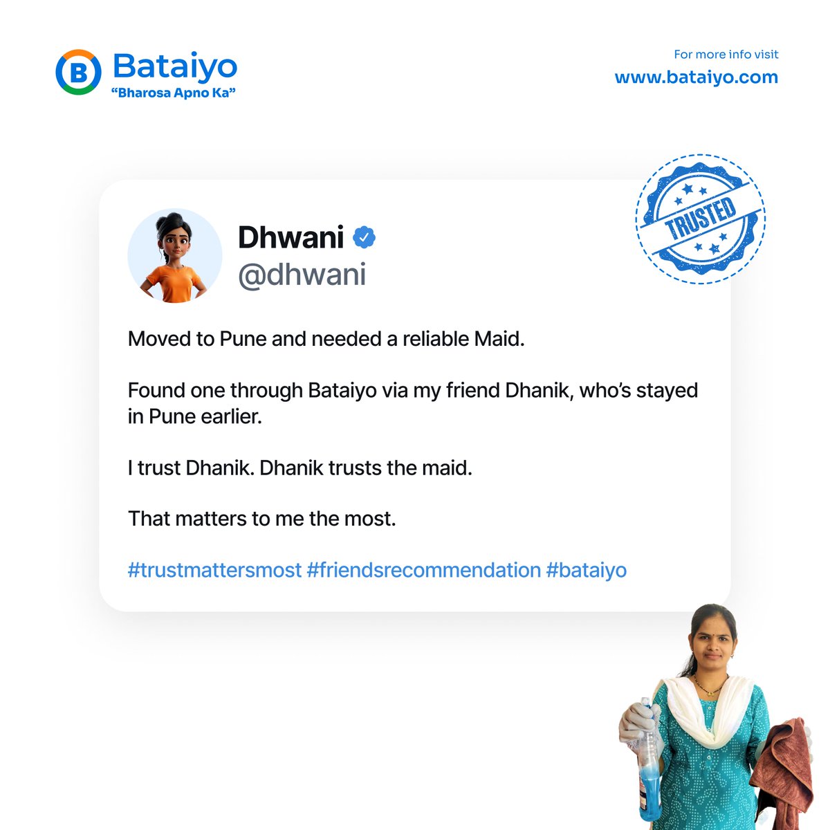 bataiyoofficial's tweet photo. New city. New home.
Who can I trust with my home?

Dhwani didn’t search online for a maid.
She trusted her friend’s experience.

That’s Bataiyo.
Real people. Real trust. https://t.co/anvES5Hpjh