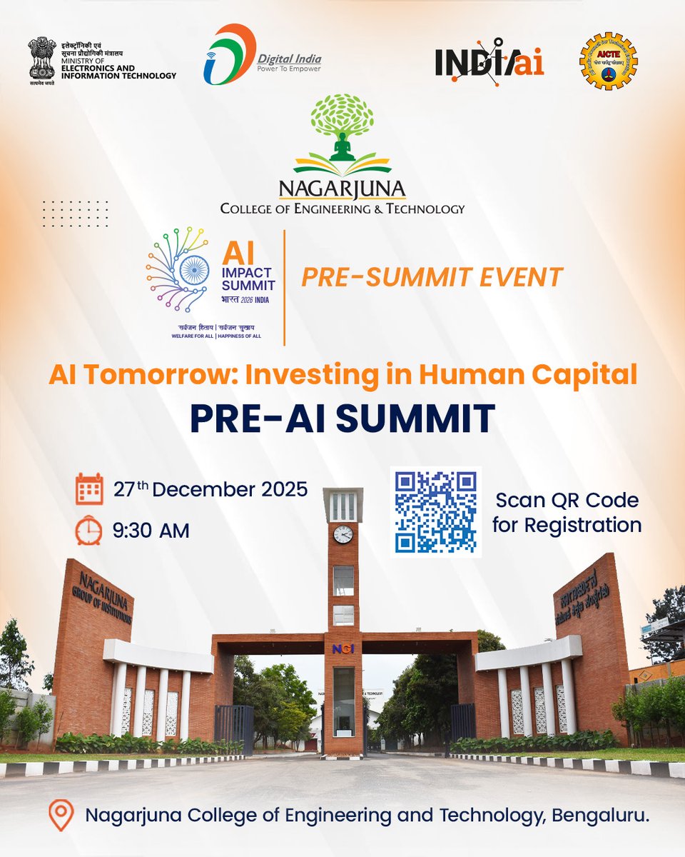The road to AI Impact Summit 2026 starts at @NCET_Bengaluru! 🇮🇳

Join us for the Pre-AI Summit as we bring together policymakers &amp; industry leaders to shape AI for the welfare of all.

📲 Scan the QR to register and lead India’s AI future!

#AIImpactSummit #IndiaAI #NCET