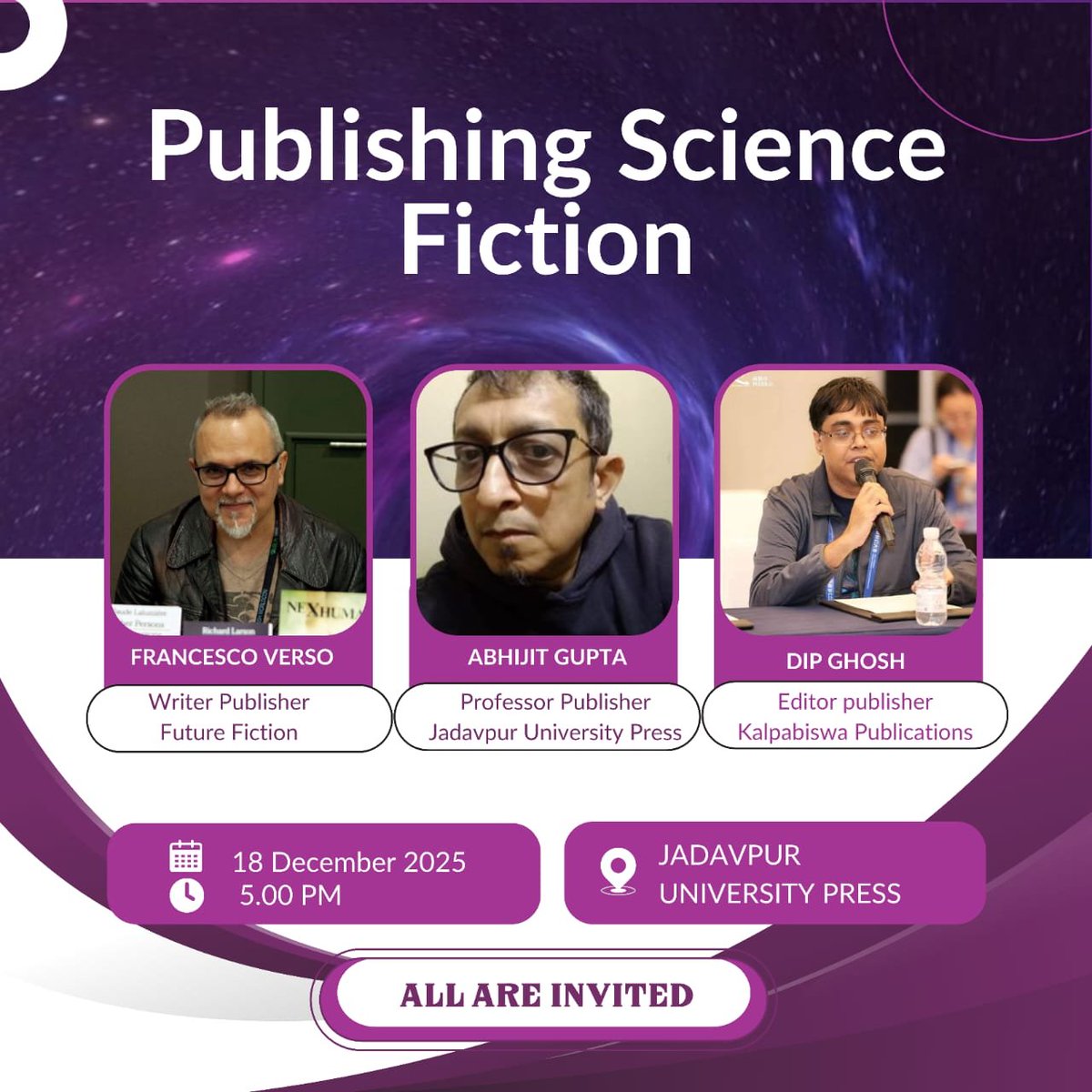 #seminar_alert #science_fiction #publishing
Francesco Verso of future fiction in conversation with Prof Abhijit Gupta of Jadavpur University Press. All are invited.