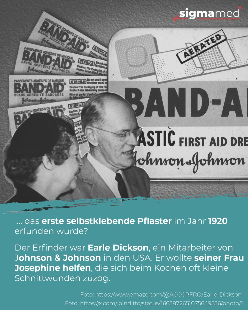 Wusstest du, dass 🩹 der erste selbstklebende Verband 1920 erfunden wurde? Earle Dickson entwickelte ihn, um seiner Frau bei kleinen Schnittwunden zu helfen. Eine einfache Idee, die die Erste Hilfe weltweit veränderte.
#WusstestDu #Medizingeschichte #Innovation #Sigmamed