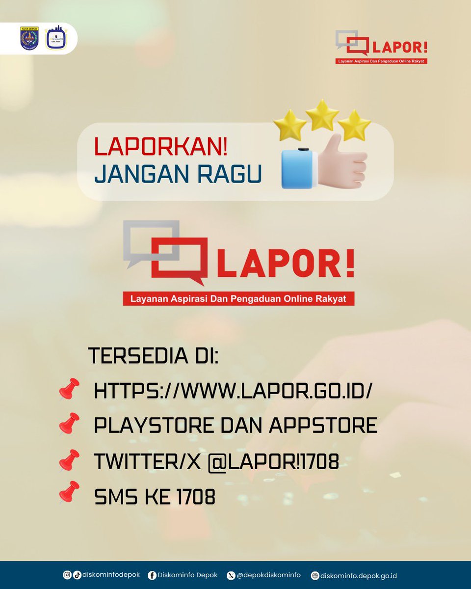 🚧 Sobat Depok, melihat jalan rusak atau fasilitas umum bermasalah?
Jangan diam, laporkan!

Setiap laporan adalah kontribusi nyata untuk pelayanan publik dan pembangunan Kota Depok yang lebih baik.

<a href="/pemerintahdepok/">Pemerintah Kota Depok</a> 
<a href="/lapor1708/">LAPOR! 1708</a>

#DiskominfoDepok #SP4NLAPOR #BersamaDepokMaju