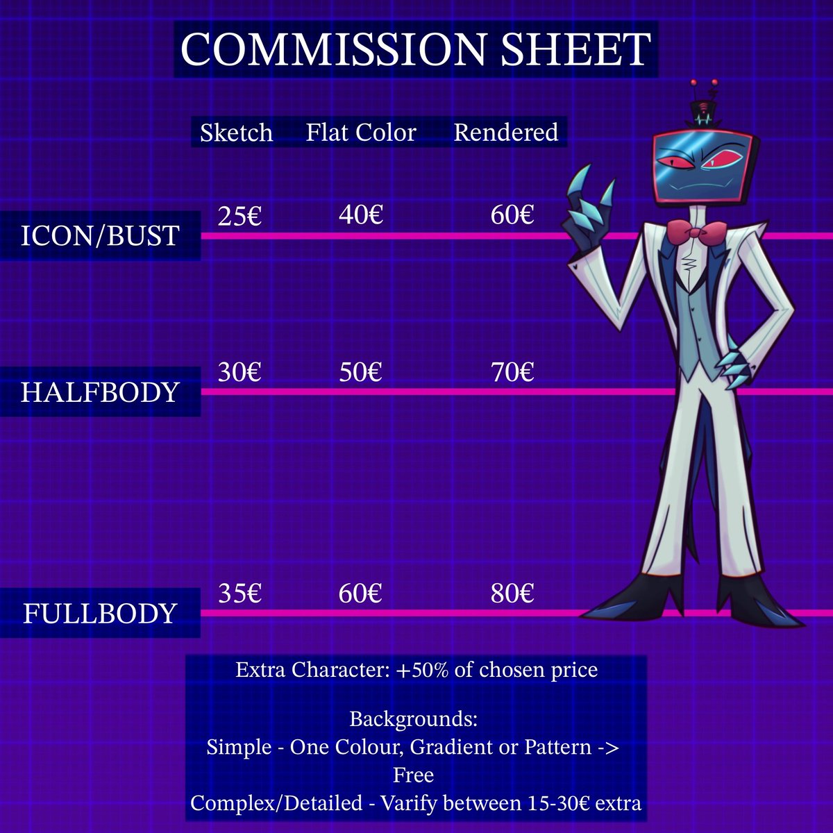 dark_weaver_'s tweet photo. 🌟 COMMISSIONS OPEN 🌟
~
Weaver is here with an updated commission sheet!!!

For now 10 slots are open!!
If you have any questions, just ask or DM me.
~
#commission #commissionsheet #hazbinhotel #hazbinhotelvox https://t.co/F3zwJ85v87
