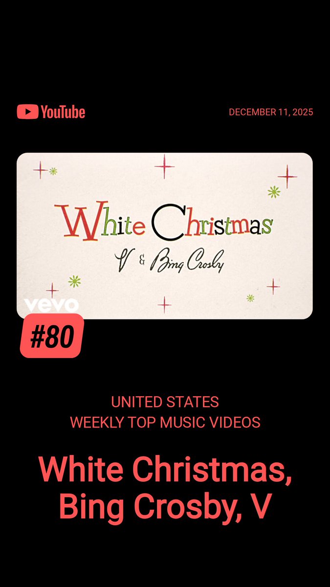 ShadowQueendom's tweet photo. "White Christmas" by V and Bing Crosby is #80 on YouTube's US Weekly Top Music Videos! #BTSARMY #BTSV https://t.co/sEyGAmSRs1