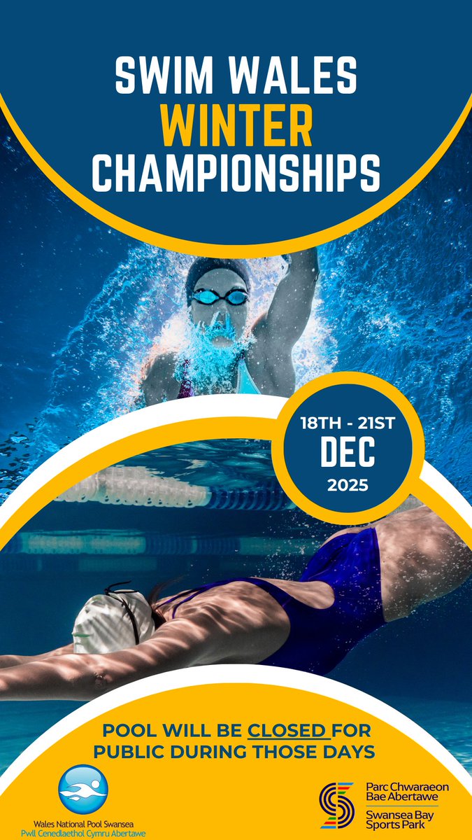 Kind reminder that our pools will be closed for public from today Thursday 18th until Sunday 21st due to the Swim Wales Winter Championships. Please check our timetable online for any changes and our Holiday Opening times!